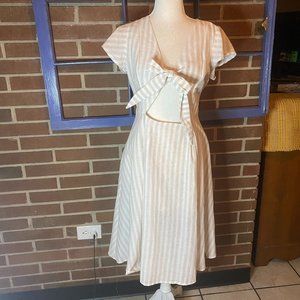 &Merci camel and white striped tea length tie-front dress L